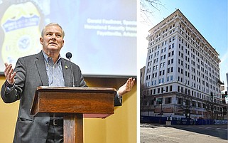 At left, Arkansas Attorney General Tim Griffin speaks during a symposium at Fort Smith in this April 18, 2024 file photo. At right, the Boyle Building in downtown Little Rock is shown in this Feb. 21, 2024 file photo. The building, which was named after John F. Boyle Jr.'s Boyle Realty Company in 1916, will be renamed again, Griffin has announced. Griffin plans to move the attorney general's office to the building by late 2024, then to rename it the Bob R. Brooks Jr. Justice Building in honor of his chief deputy attorney general, who died Feb. 11, 2024. (Left, River Valley Democrat-Gazette/Hank Layton; right, Arkansas Democrat-Gazette/Staton Breidenthal)